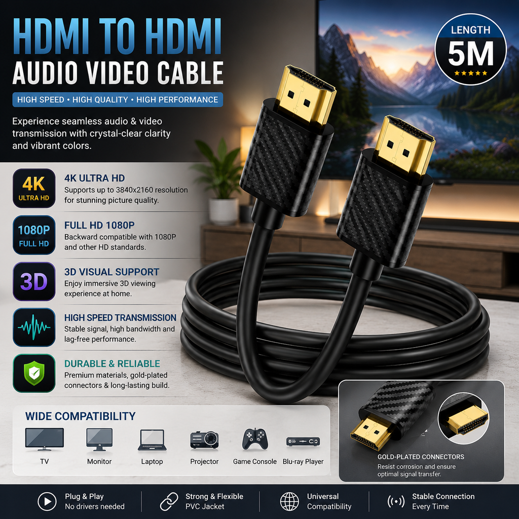 5 Meter 4K HD HDMI Audio Video Cable with Gold-Plated Connectors