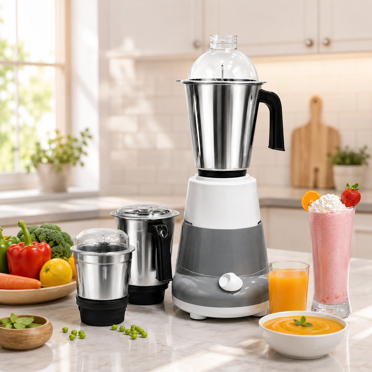 3-in-1 Stainless Steel Mixer Grinder Blender with Heavy Duty Motor
