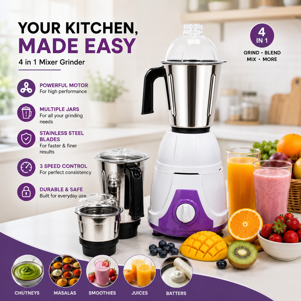 3-in-1 Mixer Grinder with 550W Motor, Three Stainless Steel Jars