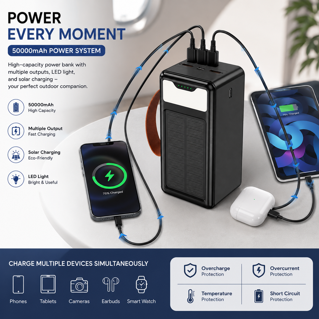Portable Solar Power Bank 50000mAh with Solar Charging Panel