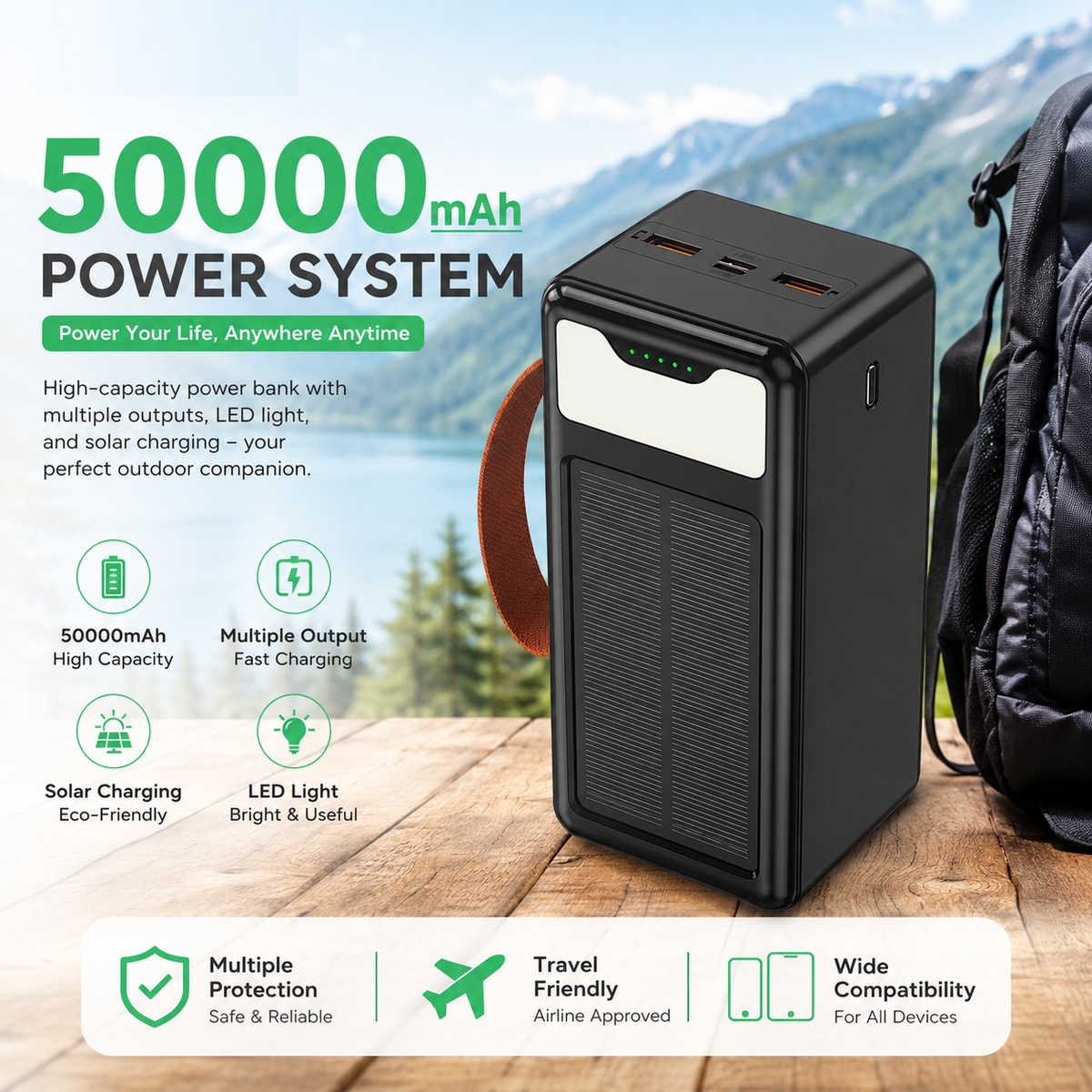Portable Solar Power Bank 50000mAh with Solar Charging Panel
