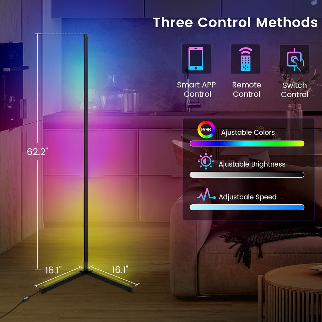 Smart RGB LED Floor Lamp, 62.2” Corner Light