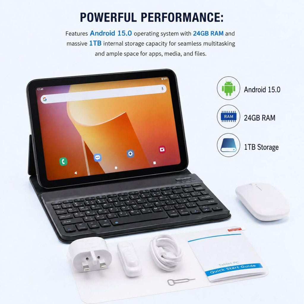 10.1 Inch Android 15 Tablet Bundle with Wireless Keyboard