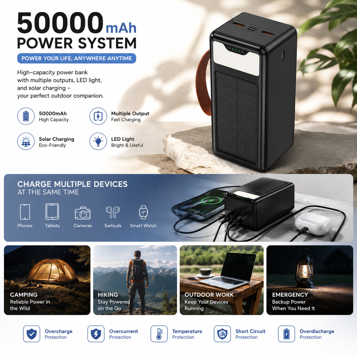 Portable Solar Power Bank 50000mAh with Solar Charging Panel