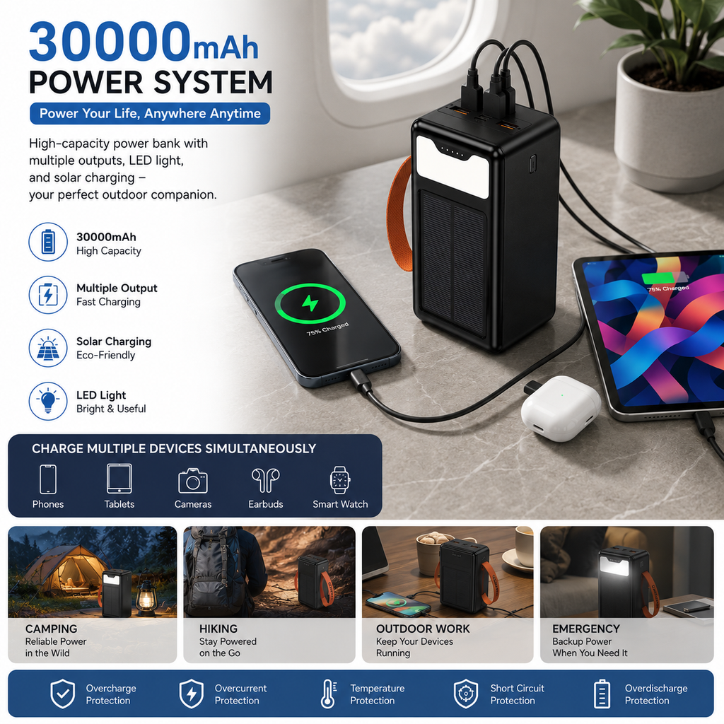 Portable Solar Power Bank 30000mAh with Built-In Charging Cables