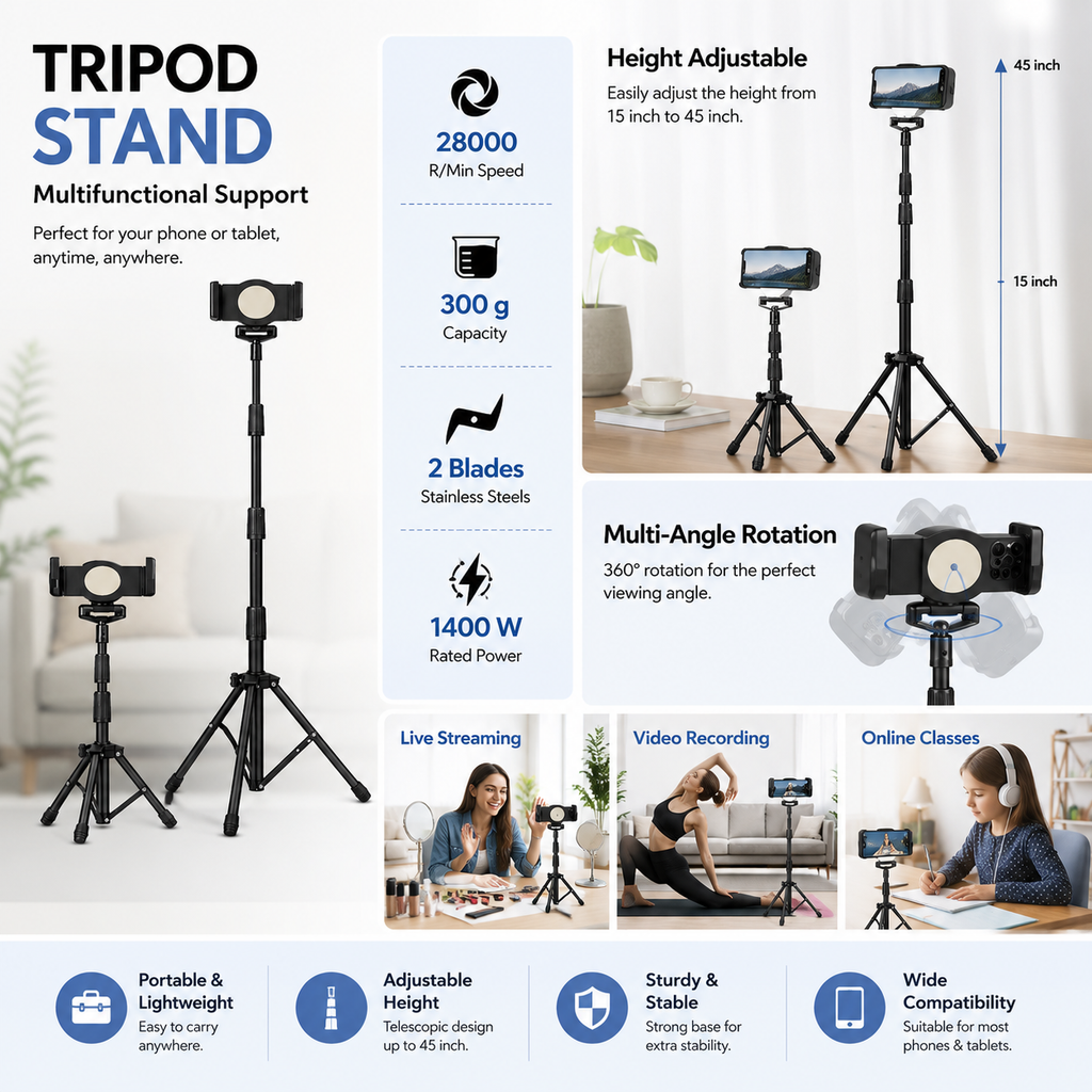 Adjustable Metal Tripod Stand with 360° Rotating Holder