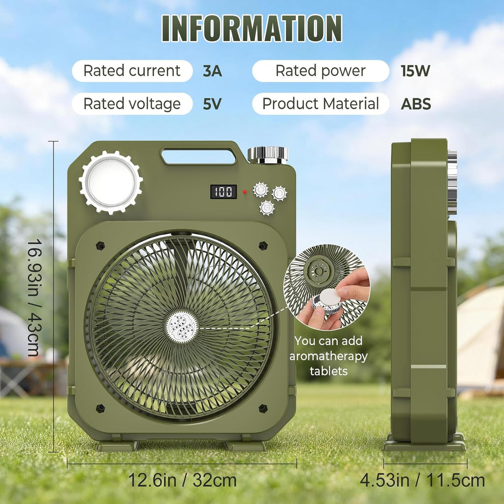 Portable Camping Fan with LED Light, 100-Speed Rechargeable Desk Fan