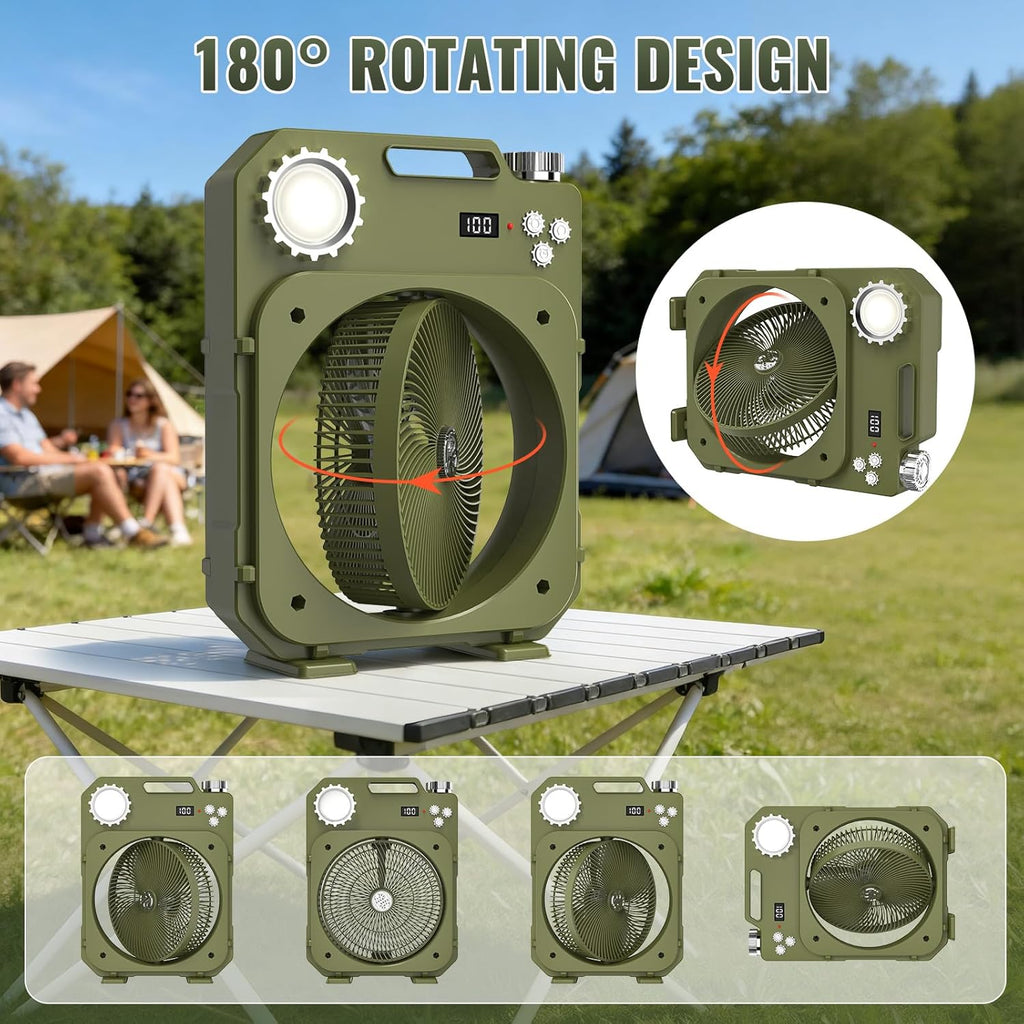 Portable Camping Fan with LED Light, 100-Speed Rechargeable Desk Fan