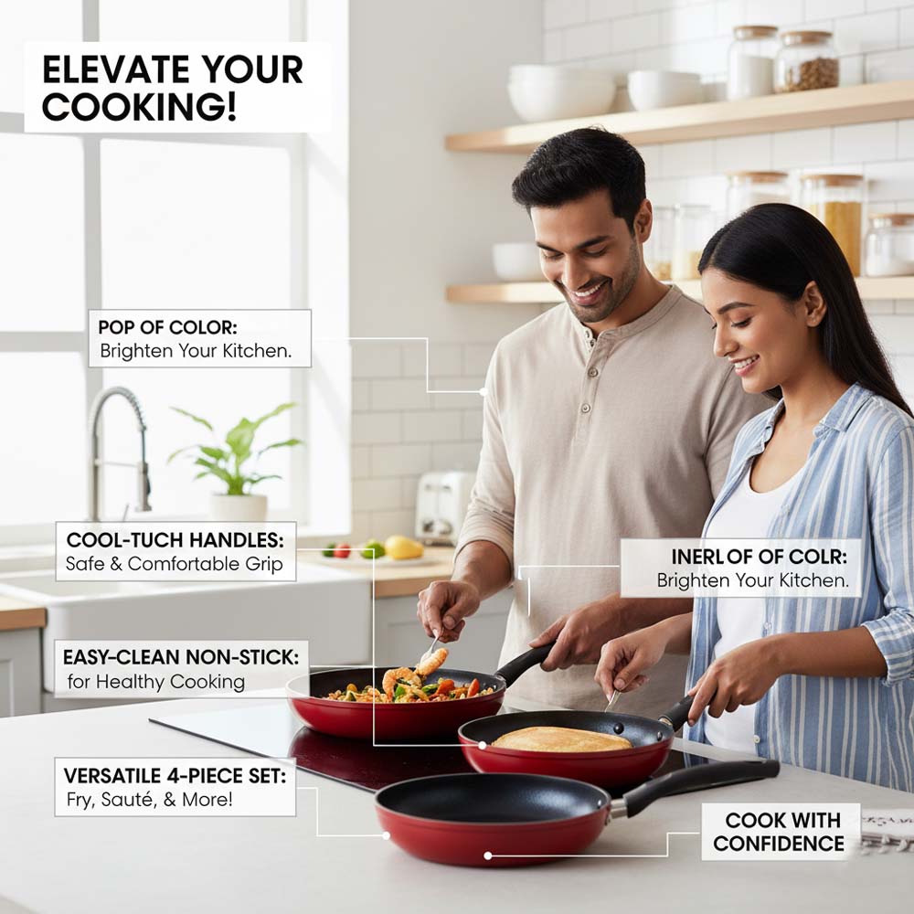 OE-017 4-Piece Red Non-Stick Frying Pan Set