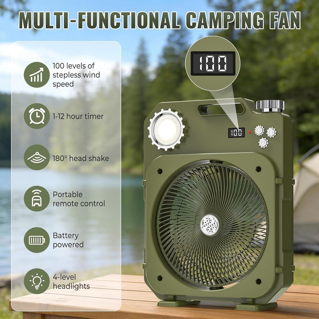 Portable Camping Fan with LED Light, 100-Speed Rechargeable Desk Fan