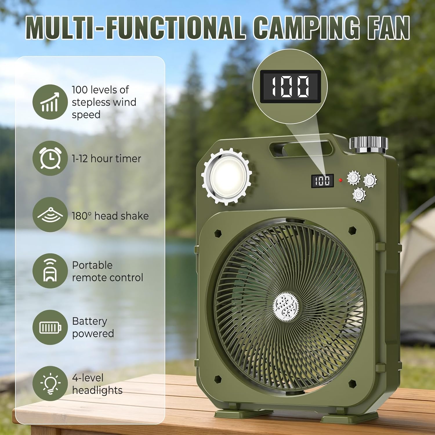 Portable Camping Fan with LED Light, 100-Speed Rechargeable Desk Fan