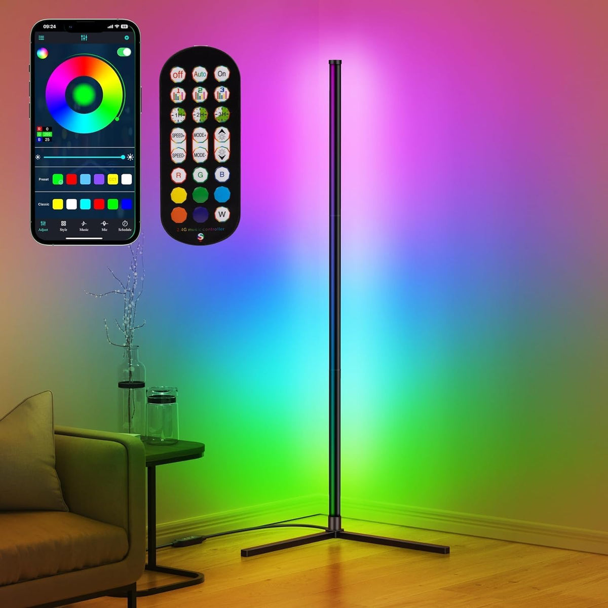 Smart RGB LED Floor Lamp, 62.2” Corner Light