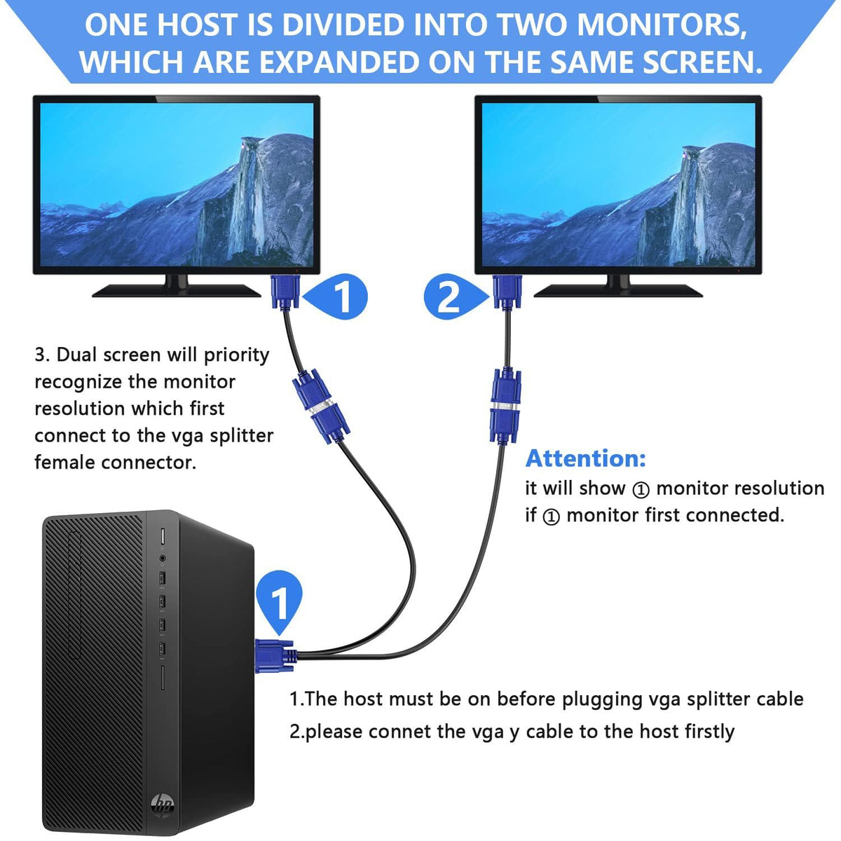 Dual VGA Splitter Cable: 1 Male to 2 Female