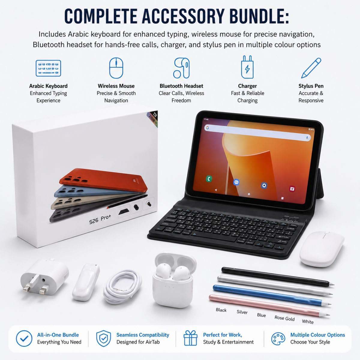 10.1 Inch Android 15 Tablet Bundle with Wireless Keyboard