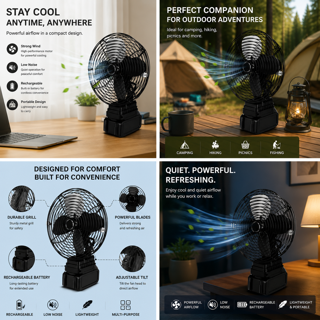 Cordless Metal Desk Fan 8-Inch  with Removable Rechargeable Battery