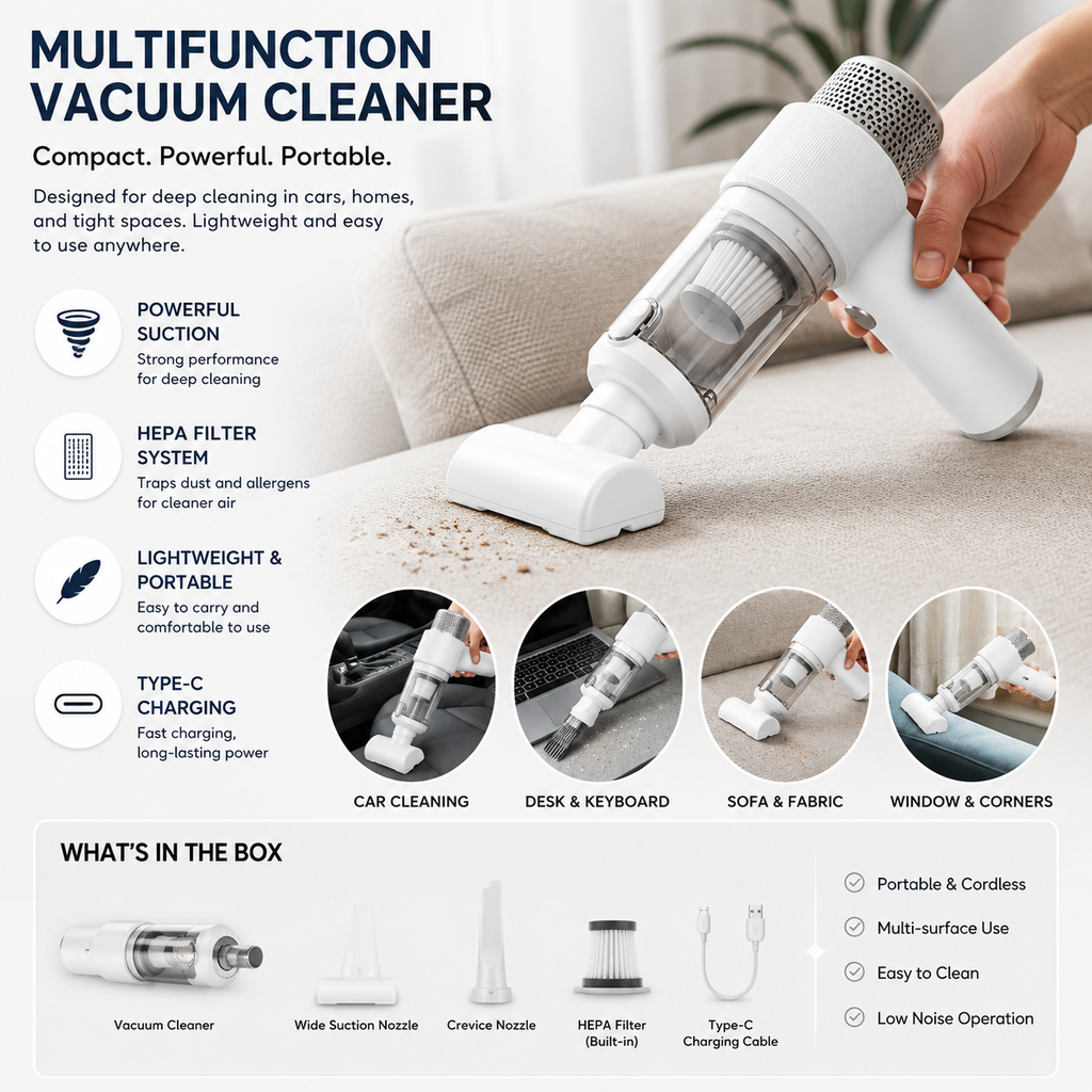 Cordless Handheld Vacuum Cleaner with USB Rechargeable Battery