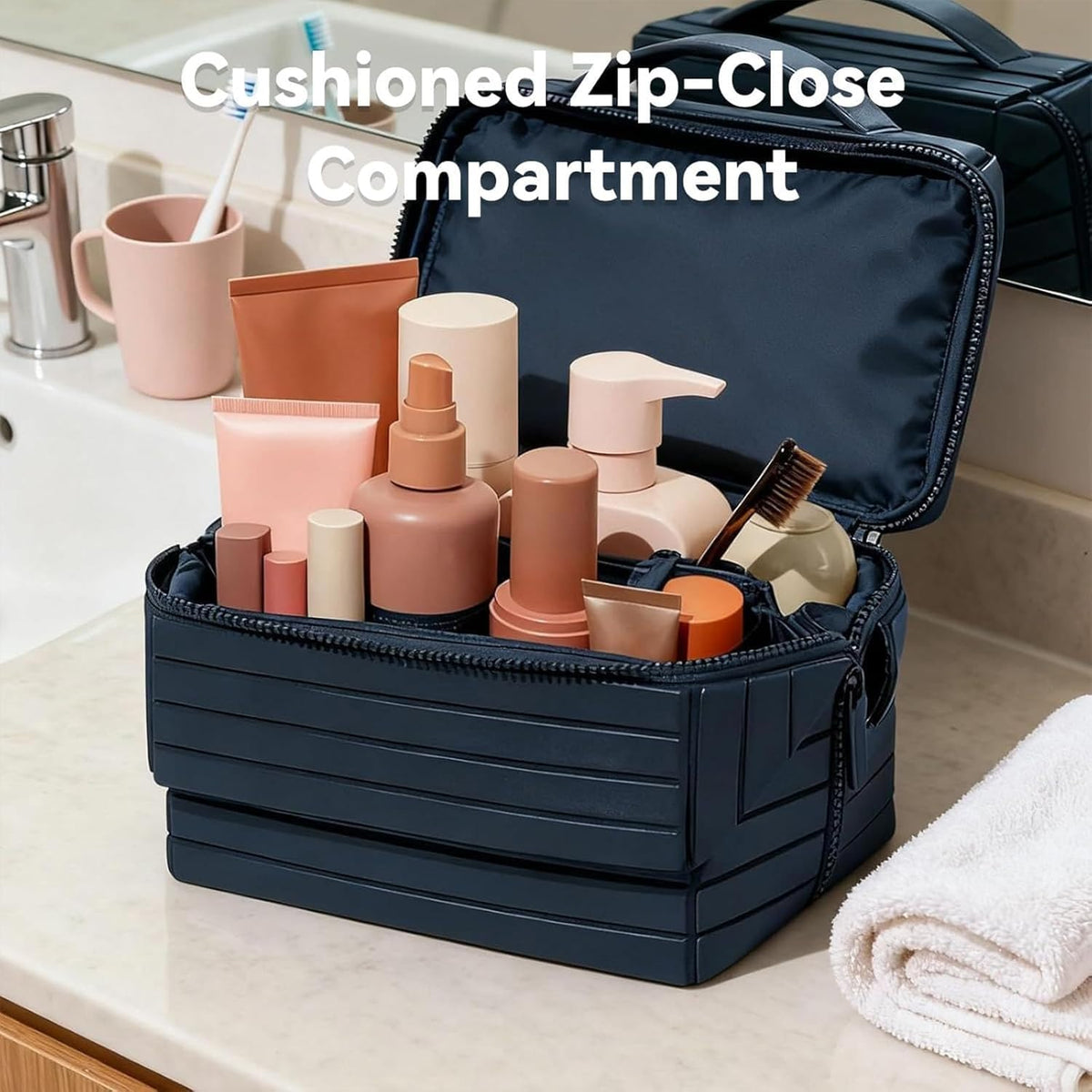Navy Blue Foldable Travel Makeup Organizer