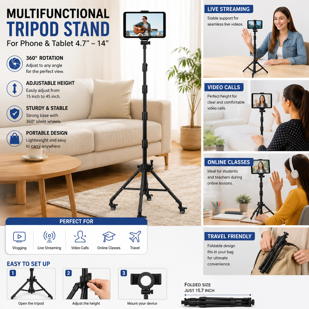 Adjustable Tripod Stand with 360° Rotating Holder and Lockable Wheels