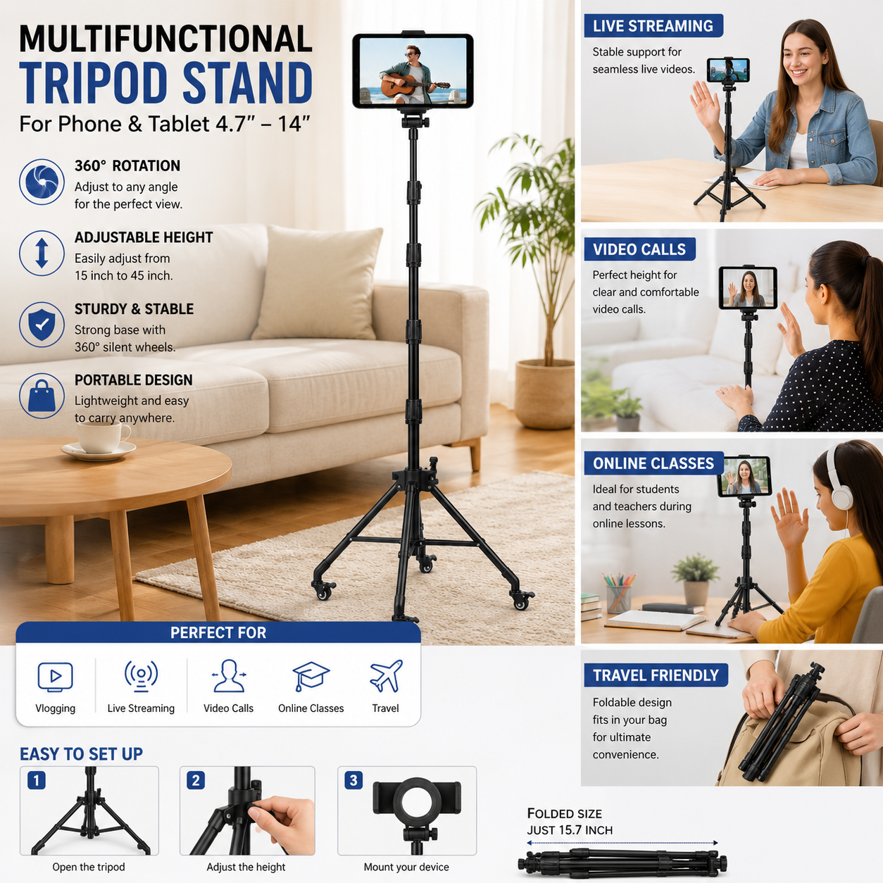 Adjustable Tripod Stand with 360° Rotating Holder and Lockable Wheels