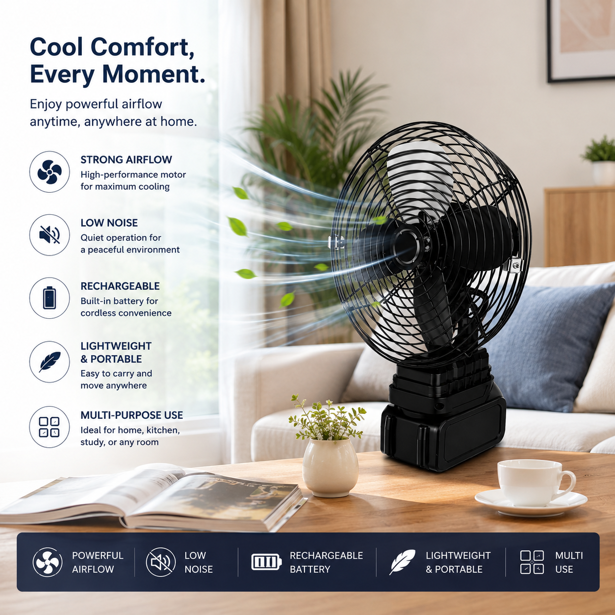 Cordless Metal Desk Fan 8-Inch  with Removable Rechargeable Battery