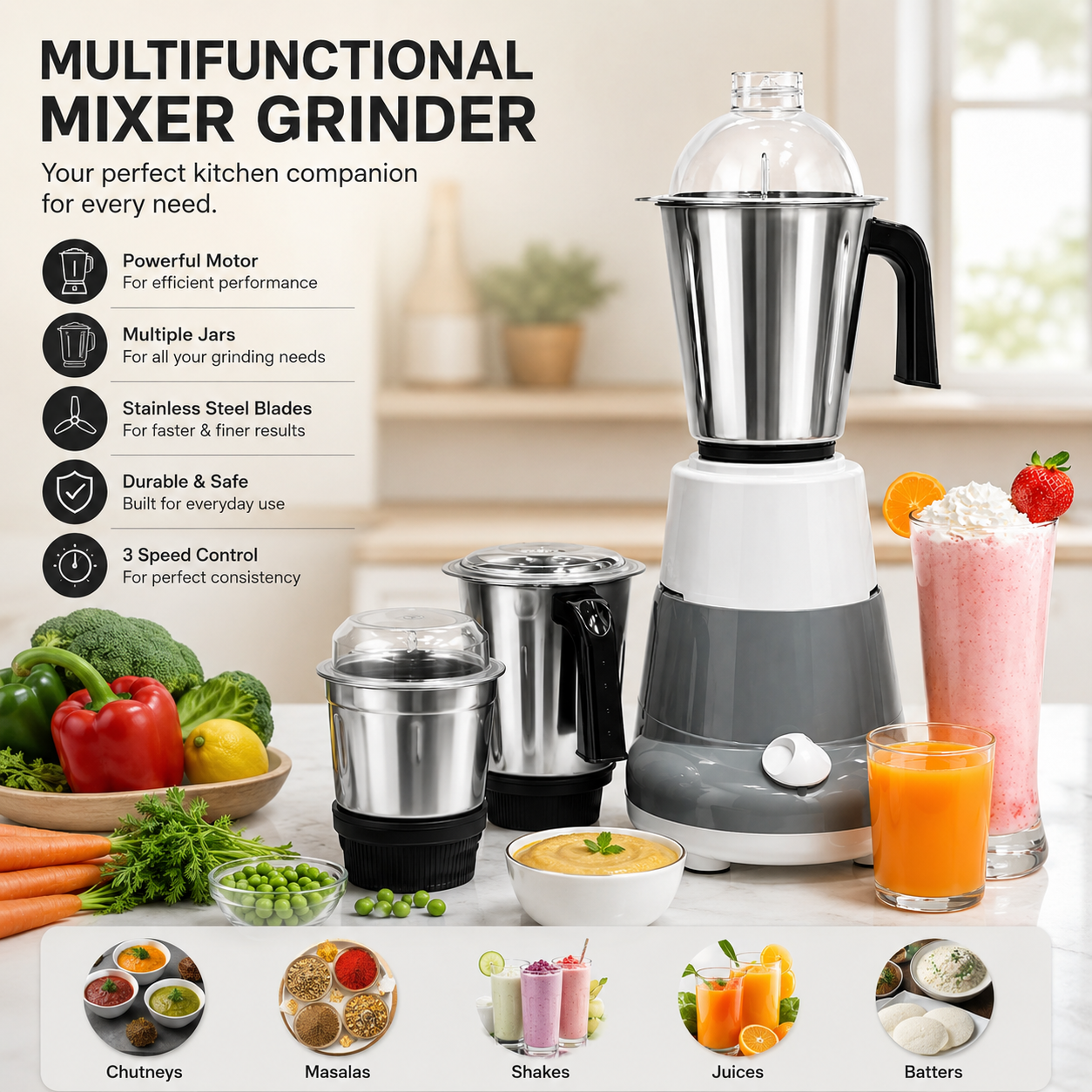 3-in-1 Stainless Steel Mixer Grinder Blender with Heavy Duty Motor
