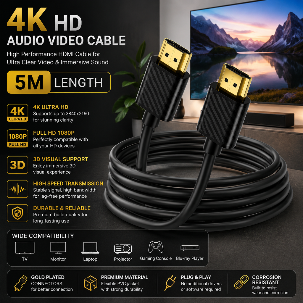 5 Meter 4K HD HDMI Audio Video Cable with Gold-Plated Connectors