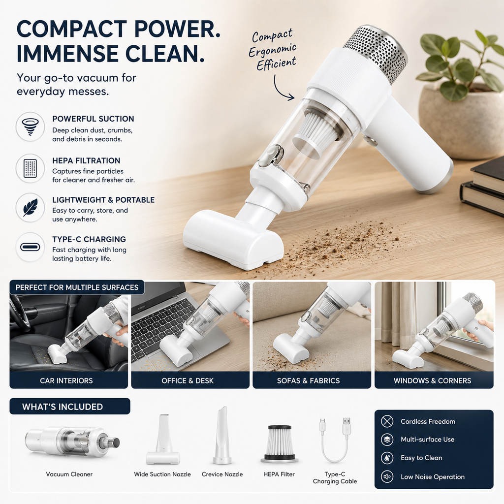 Cordless Handheld Vacuum Cleaner with USB Rechargeable Battery