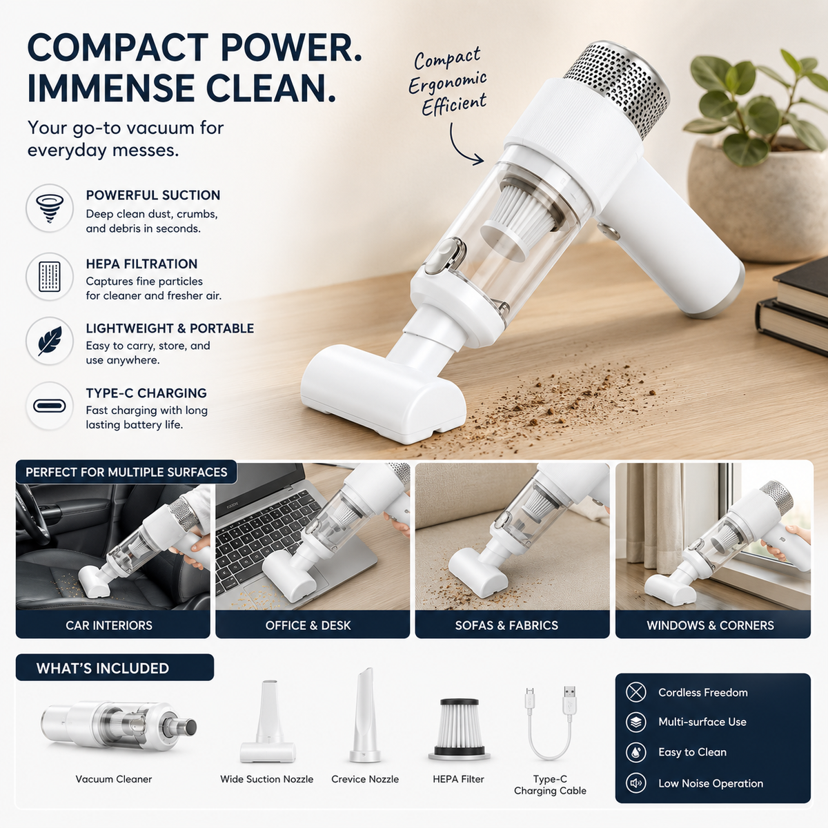 Cordless Handheld Vacuum Cleaner with USB Rechargeable Battery