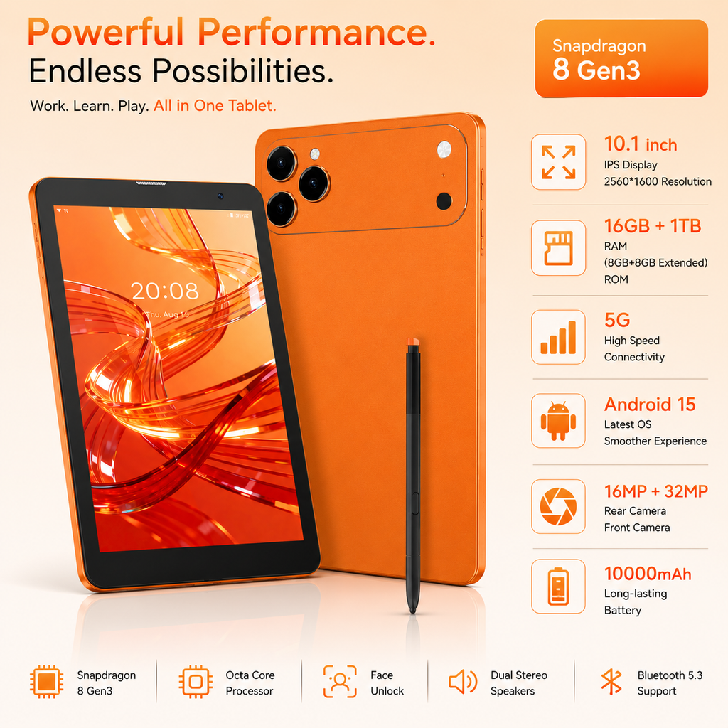 Smart Tablet 10.1-Inch with IPS Display, Octa-Core Processor