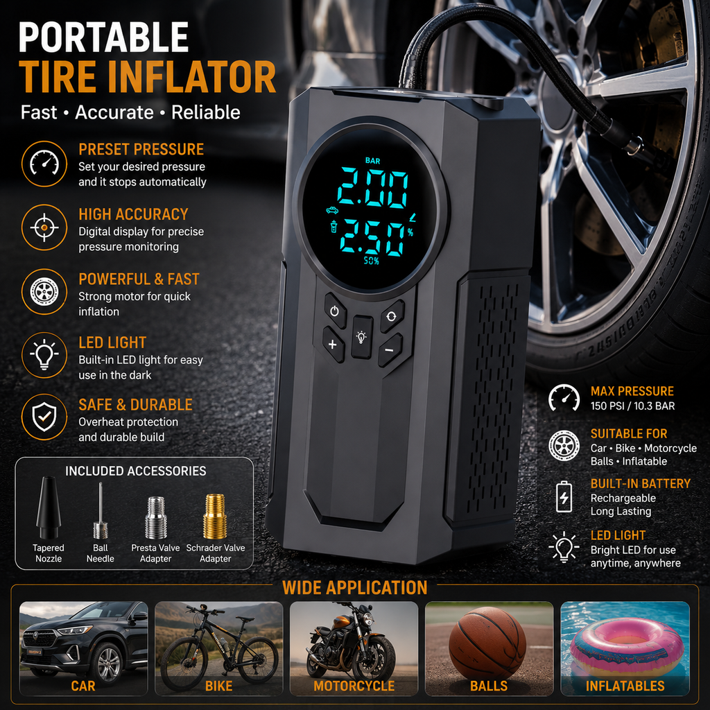 4-in-1 Portable Car Jump Starter, Air Pump