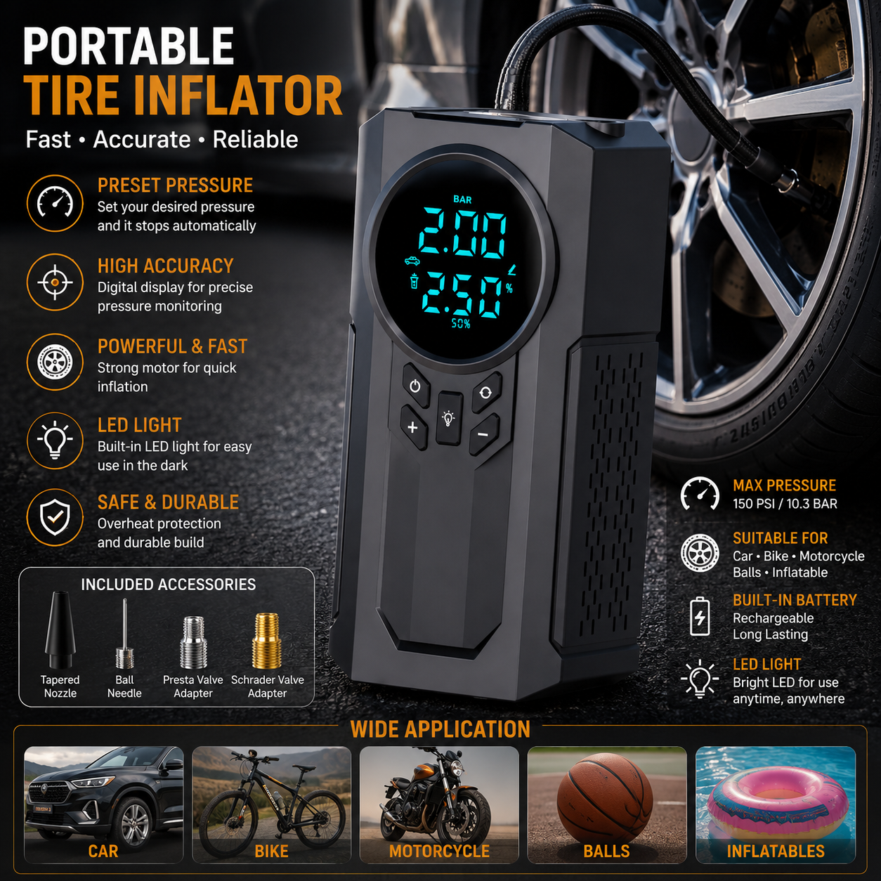 4-in-1 Portable Car Jump Starter, Air Pump