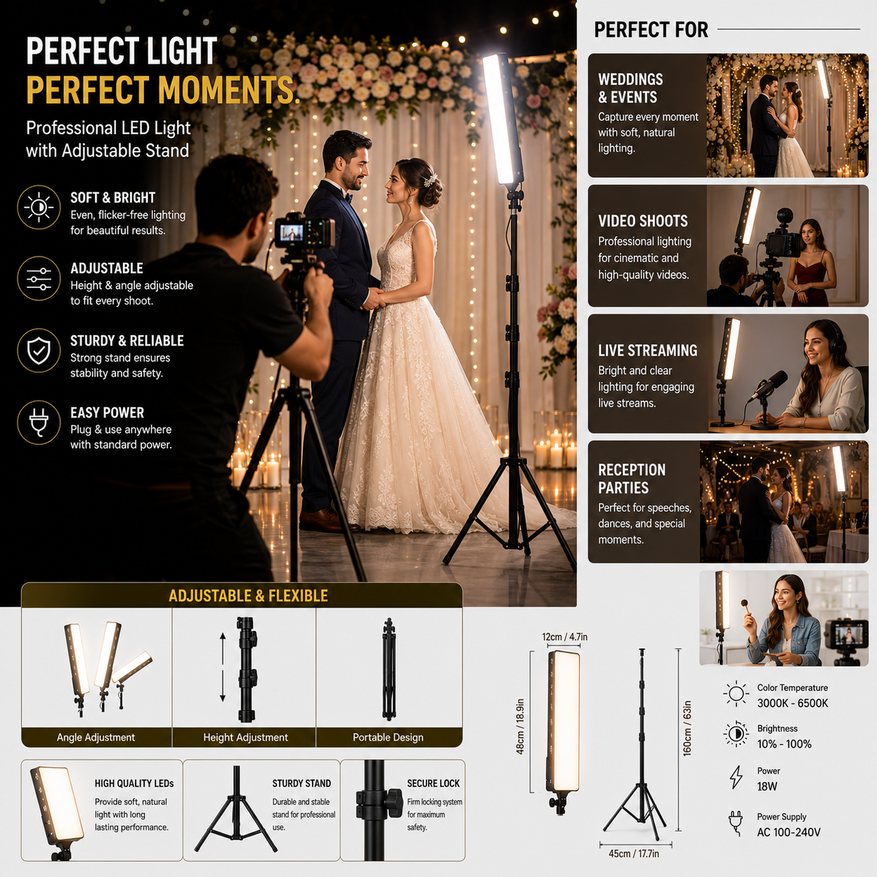 Professional Bi-Color LED Light Panel Kit 58 × 10 cm with Adjustable Stand