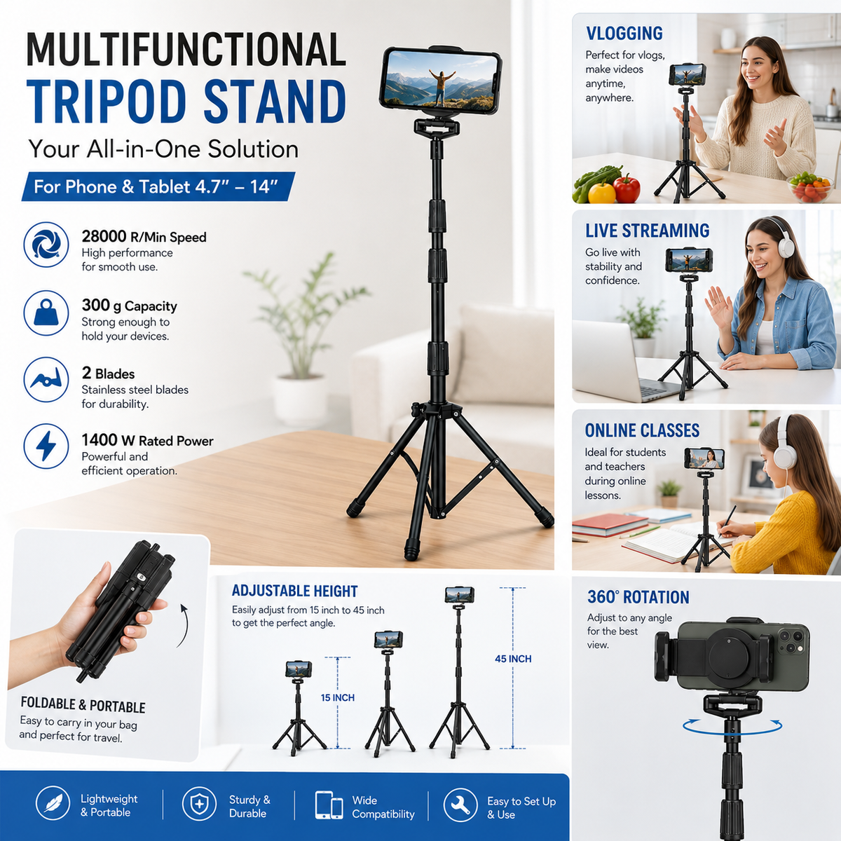 Adjustable Metal Tripod Stand with 360° Rotating Holder