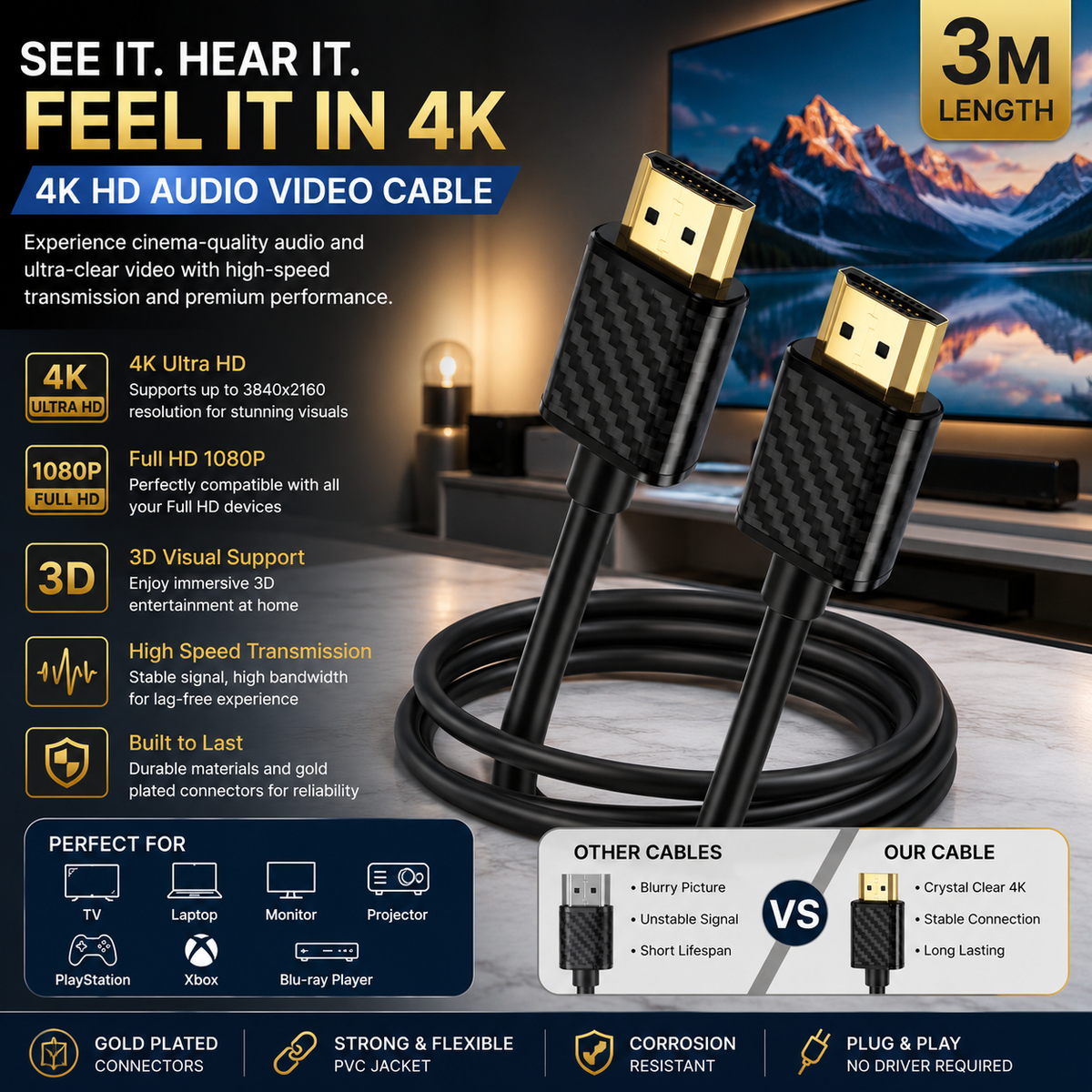 3 Meter HDMI to HDMI Cable with 4K Ultra HD