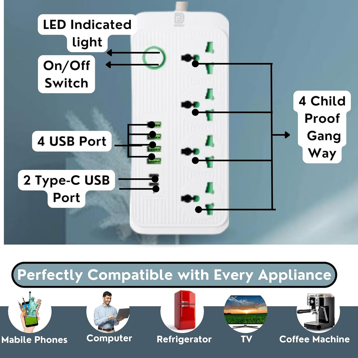 Multi-Plug Universal Extension Cord with 4