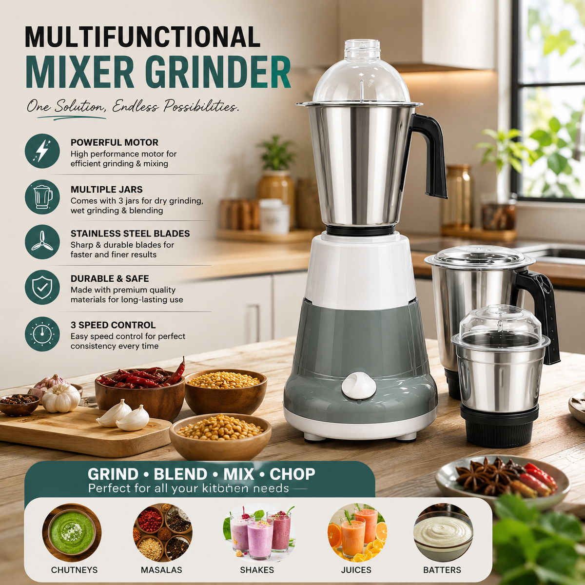 3-in-1 Stainless Steel Mixer Grinder Blender with Heavy Duty Motor