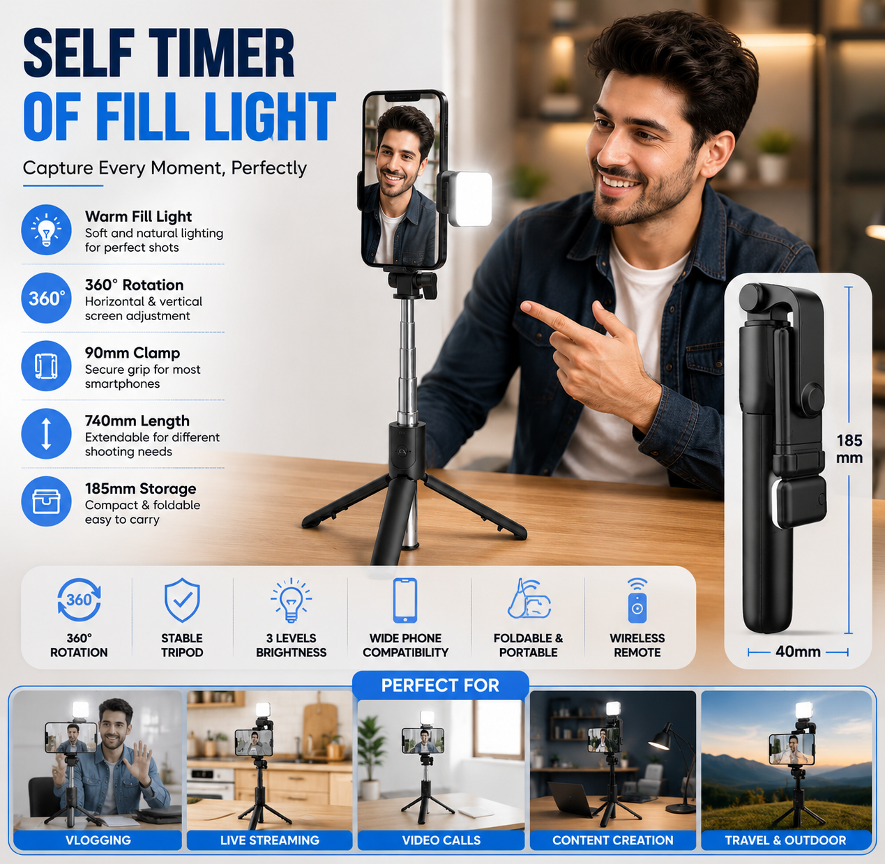 Selfie Stick, Bluetooth Extendable Selfie Stick