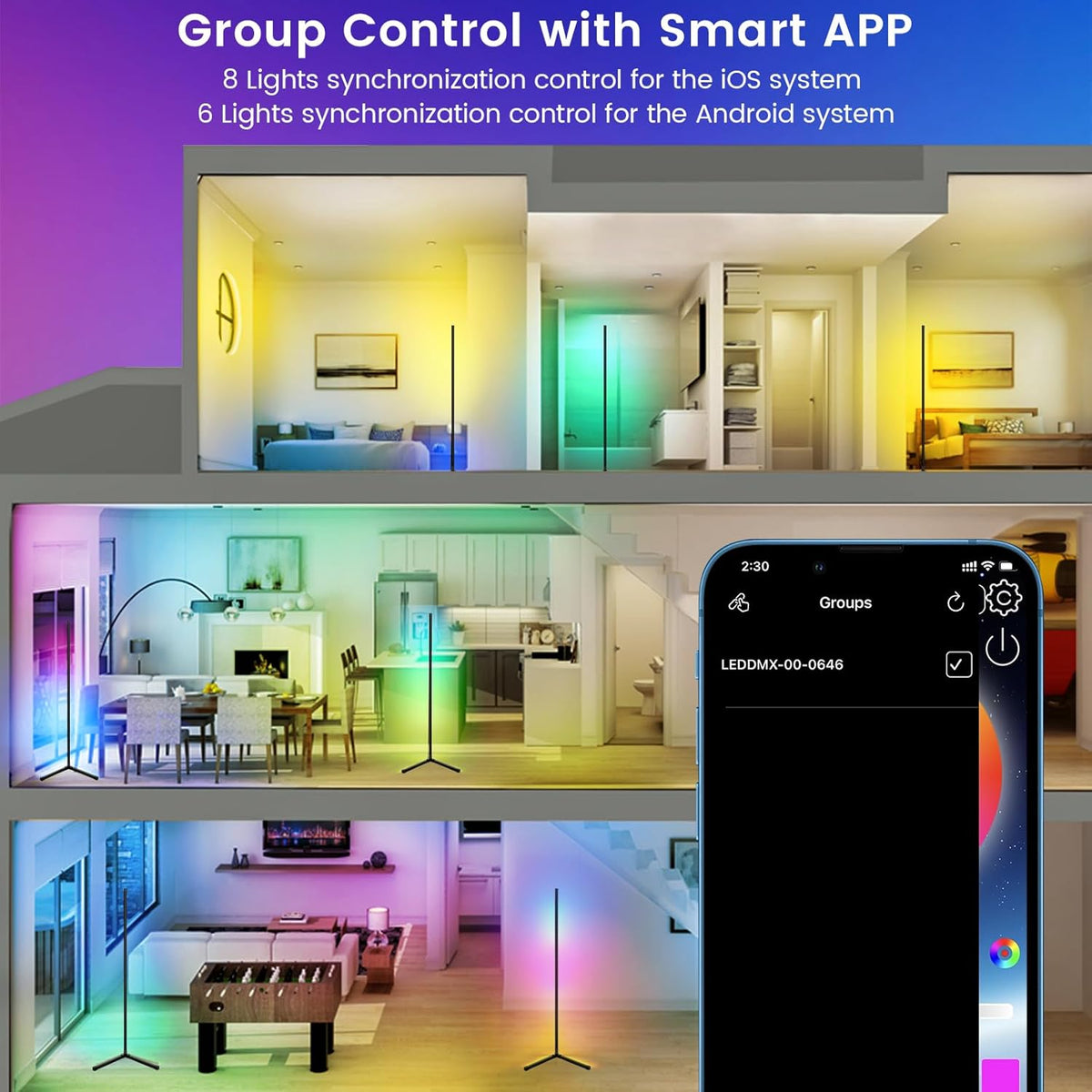 Smart RGB LED Floor Lamp, 62.2” Corner Light