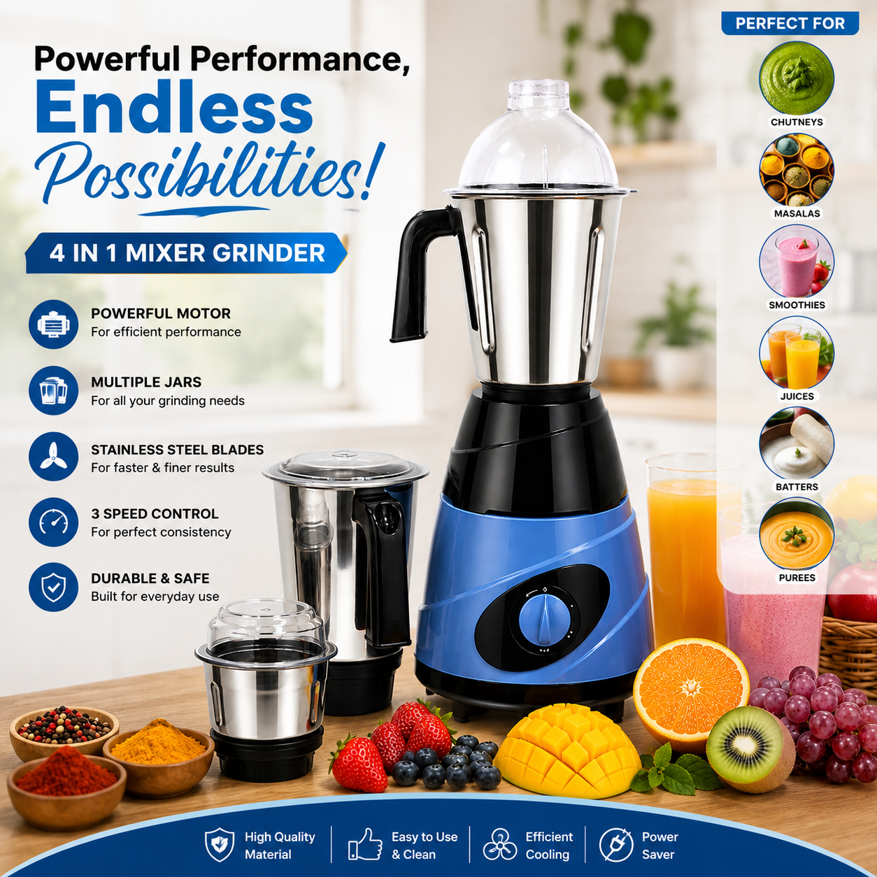 550W Mixer Grinder with 3 Stainless Steel Jars