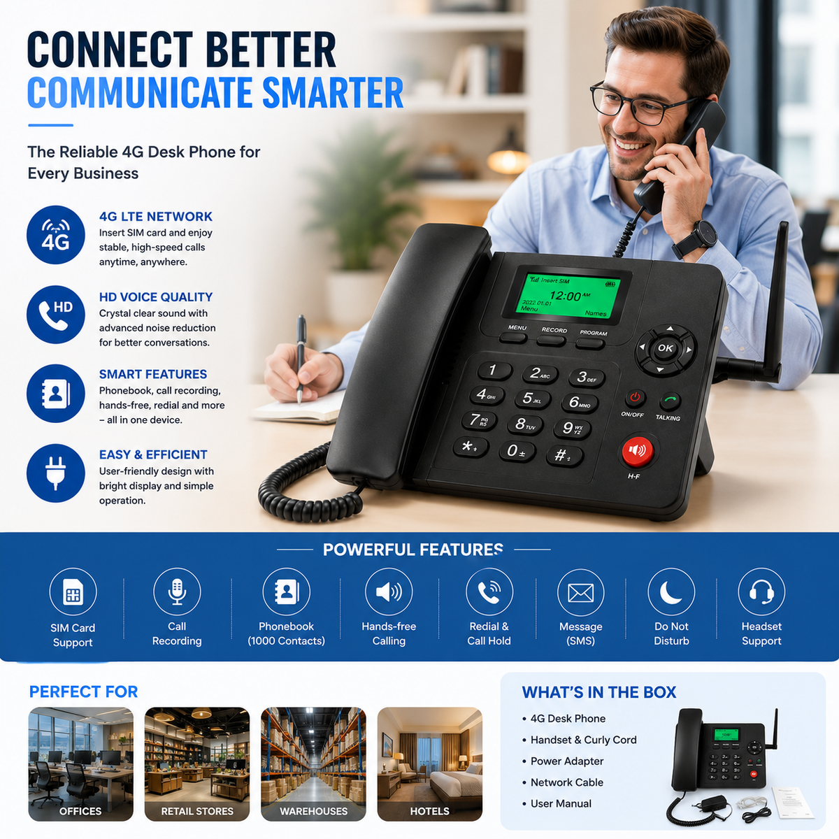 4G Wireless Desktop Telephone with SIM Card Support