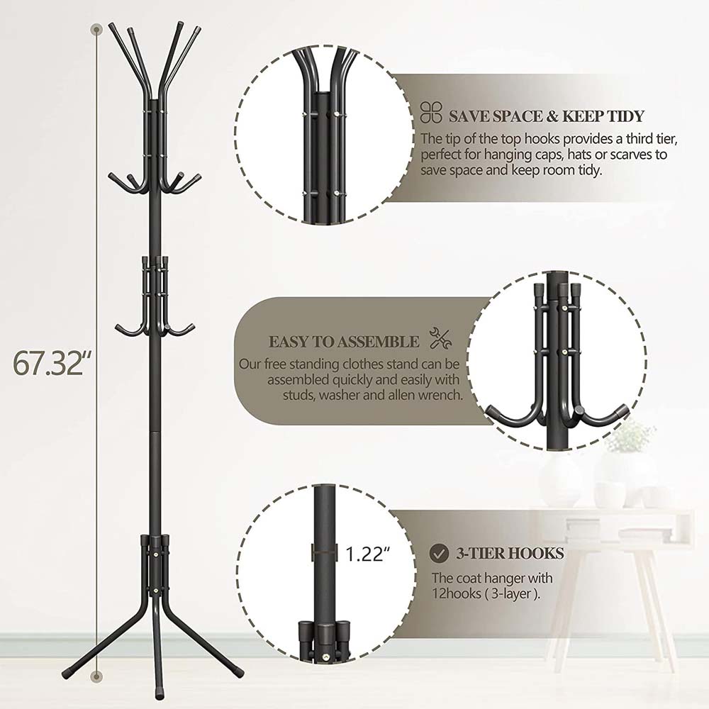 12-Hook Coat Rack Stand Wrought Iron