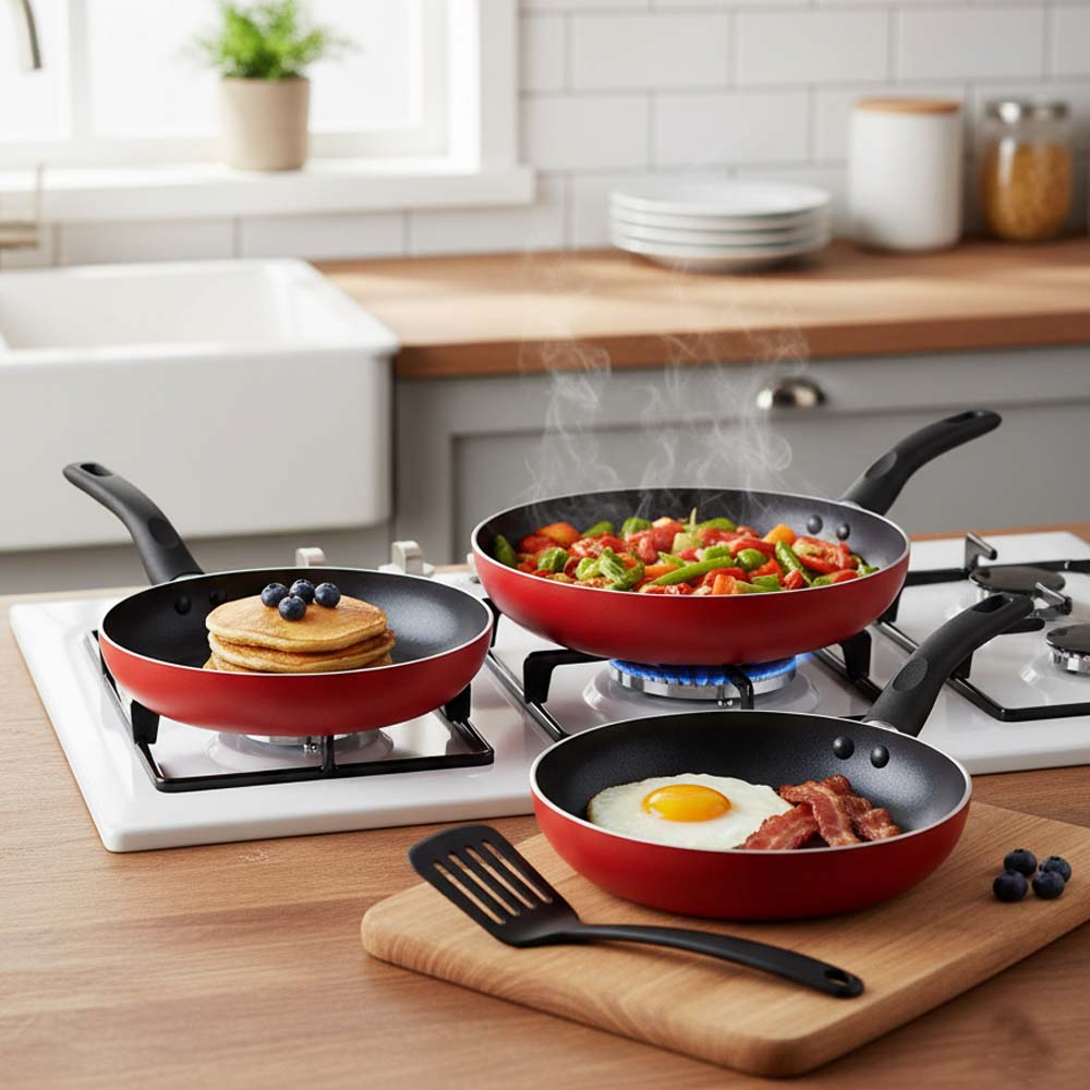 OE-017 4-Piece Red Non-Stick Frying Pan Set