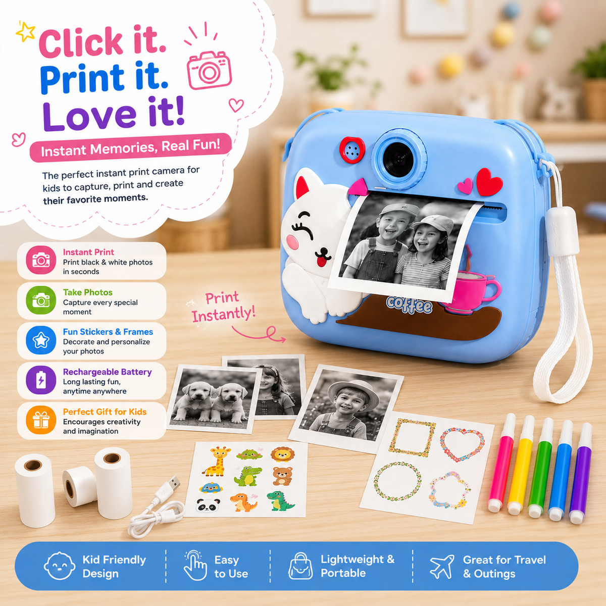 Kids Instant Print Digital Camera with 1080P Video