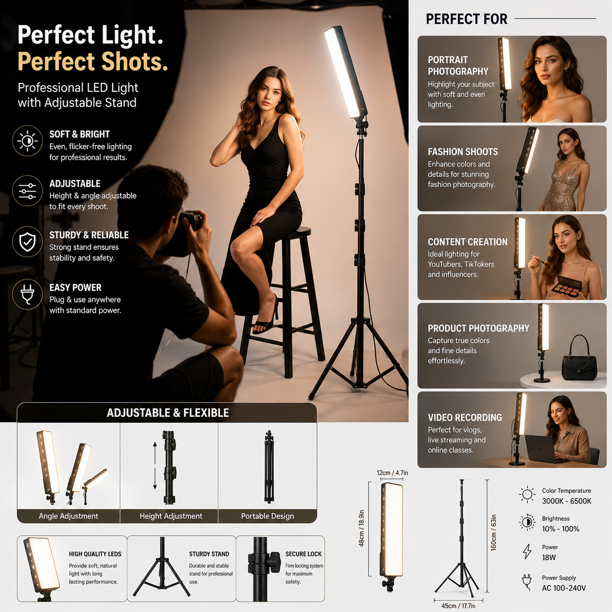 Professional Bi-Color LED Light Panel Kit 58 × 10 cm with Adjustable Stand
