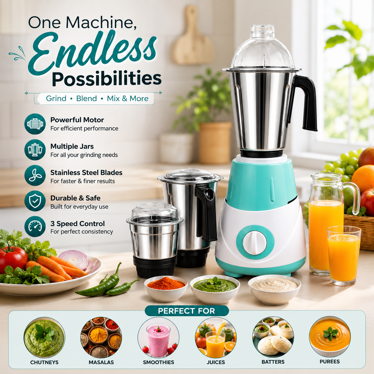 3-in-1 Electric Mixer Grinder with 550W Motor