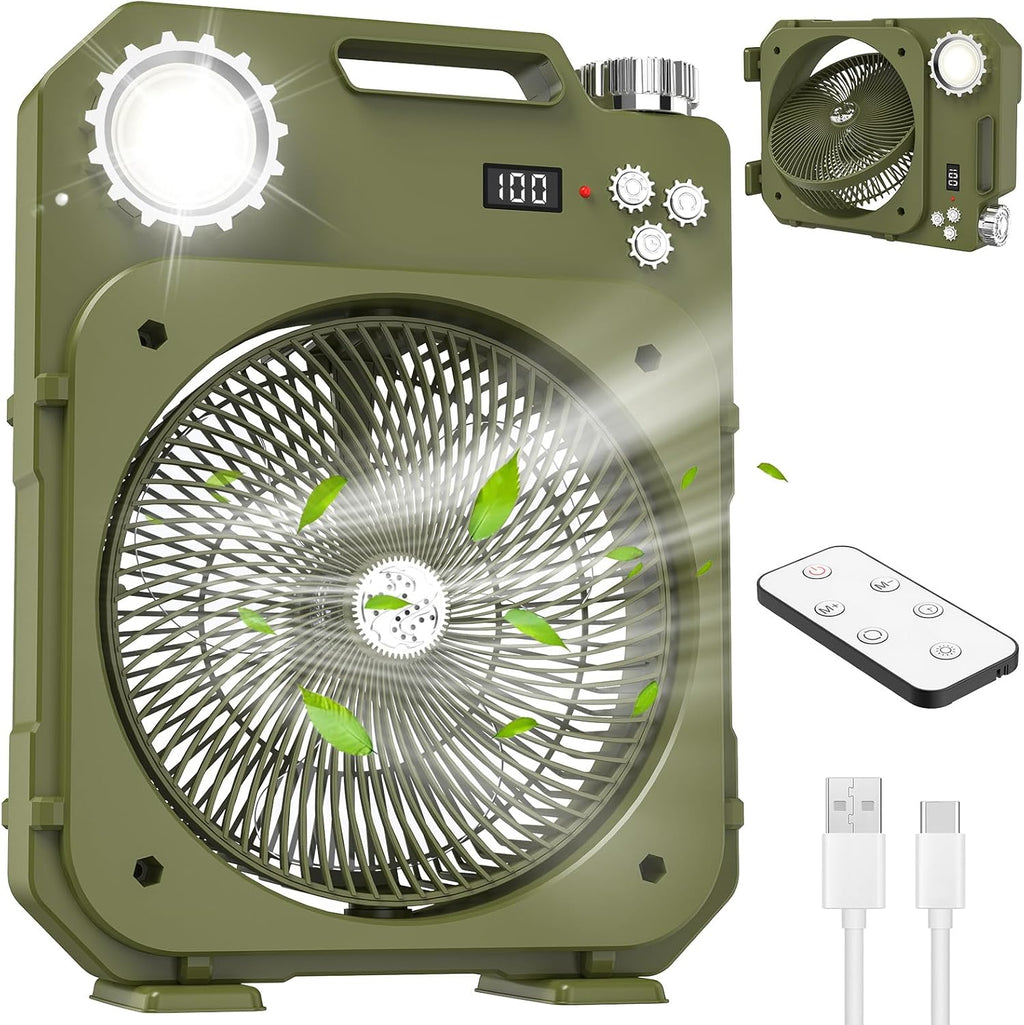 Portable Camping Fan with LED Light, 100-Speed Rechargeable Desk Fan