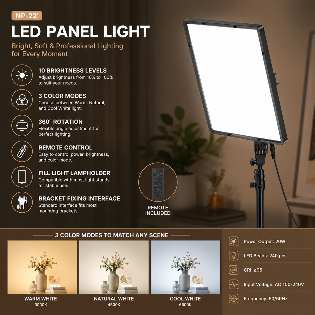 22-Inch Bi-Color LED Panel Light with 7-Foot Adjustable Tripod Stand and Phone Holder