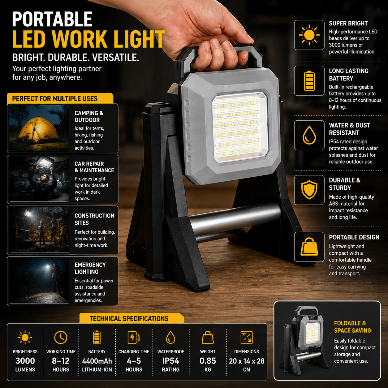 Multifunctional Work Light with Telescopic Base