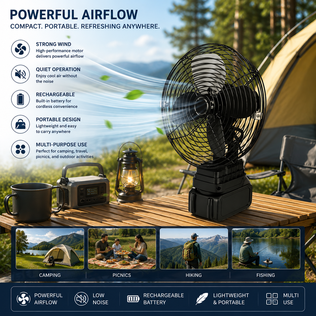 Cordless Metal Desk Fan 8-Inch  with Removable Rechargeable Battery