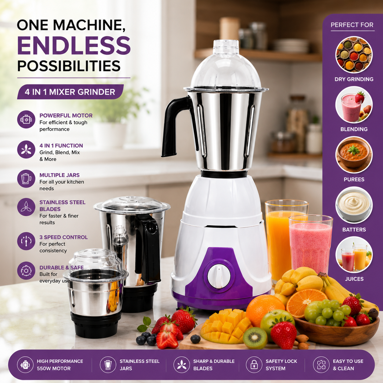 3-in-1 Mixer Grinder with 550W Motor, Three Stainless Steel Jars